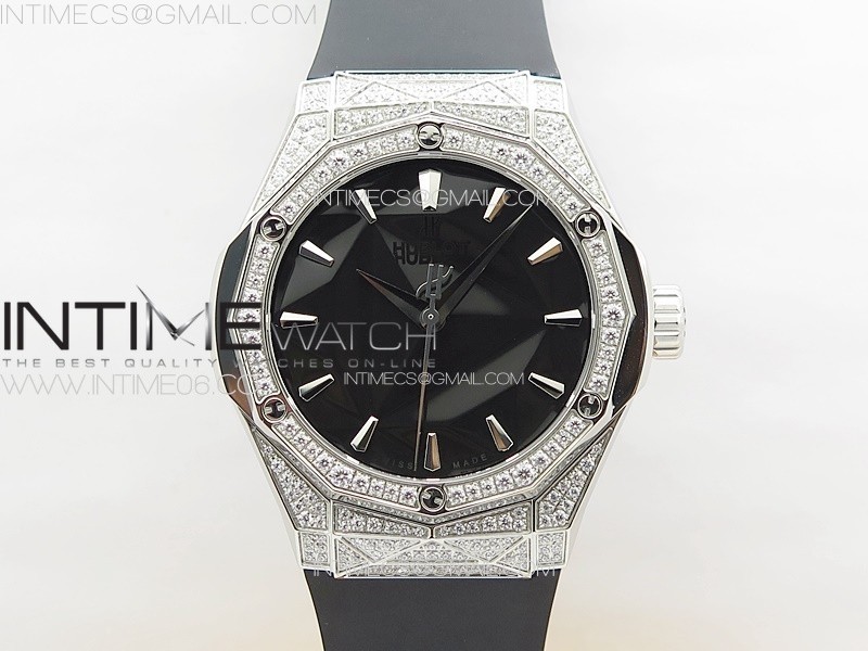 Classic Fusion Orlinski SS APSF 1:1 Best Edtion Black Faceted Dial Diamonds Bezel on Black Rubber Strap A2892