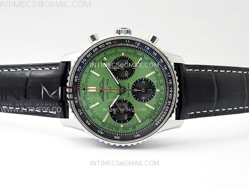 NAVITIMER B01 43MM SS B50 BEST EDITION GREEN DIAL BLACK SUBDIAL ON BLACK LEATHER STRAP A7750