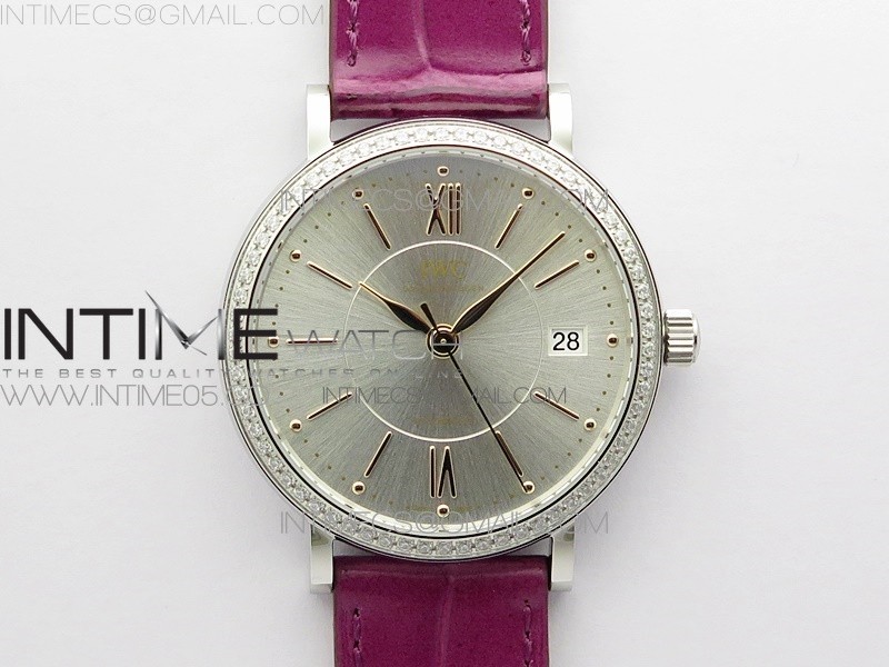 PORTOFINO 37MM SS DIAMONDS BEZEL V7F 11 BEST EDITION SILVER DIAL ON PURPLE LEATHER STRAP A2892