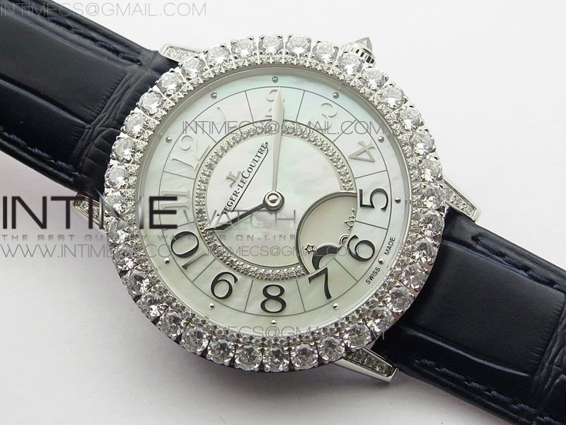 RENDEZ-VOUS NIGHT & DAY SS DIAMONDS BEZEL ZF 11 BEST EDITION WHITE MOP DIAL ON BLACK LEATHER STRAP A898