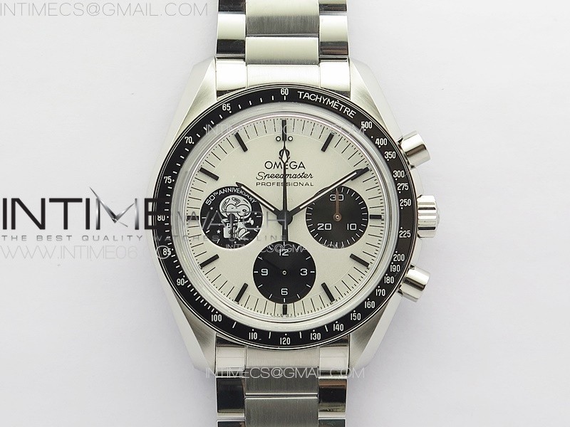 Speedmaster SS Black Snoopy OMF 11 Best Edition White Dial on SS Bracelet Manual Winding Chrono Movement