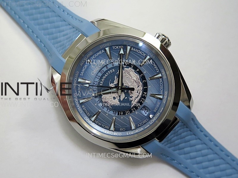 AQUA TERRA GMT WORLDTIMER 43MM VSF 11 BEST EDITION SUMMER BLUE DIAL ON BLUE RUBBER STRAP A8938 SUPER CLONE