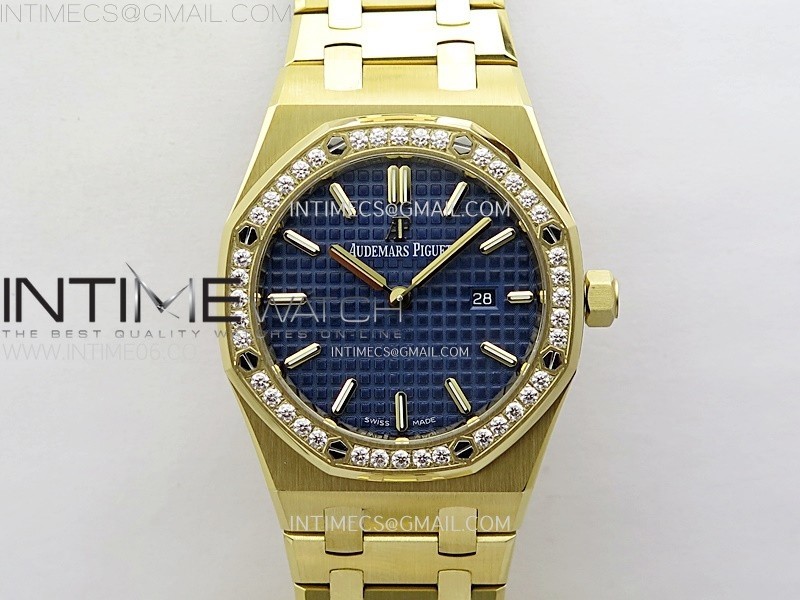 Lady Royal Oak 33mm 67651 Diamonds Bezel YG ZF 11 Best Edition Blue Textured Dial on YG Bracelet RONDA Quartz