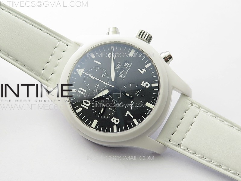 PILOT CHRONO IW389105 REAL WHITE CERAMIC TPSF 11 BEST EDITION BLACK DIAL ON WHITE LEATHER STRAP A7750