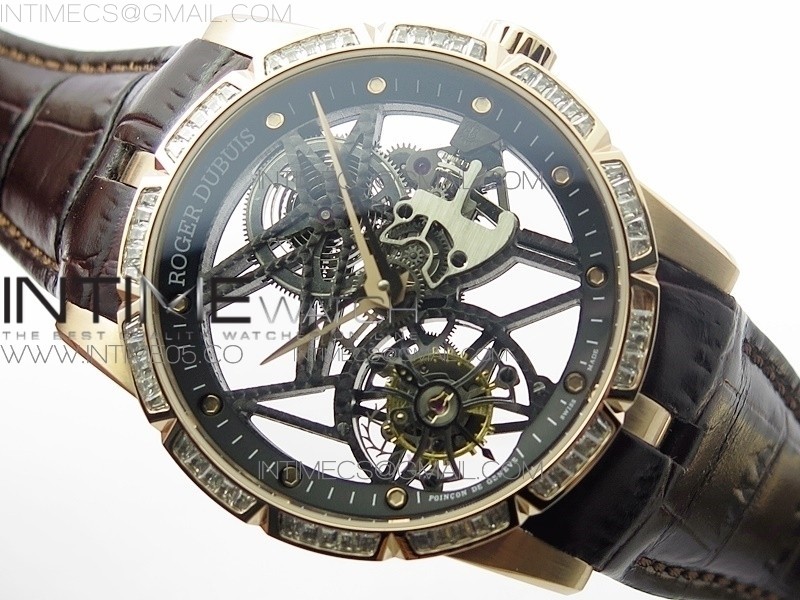 Excalibur Rddbex0393 RG Crystals Bezel BBR Best Edition Skeleton Dial on Brown Leather Strap A2136 Tourbillon V4