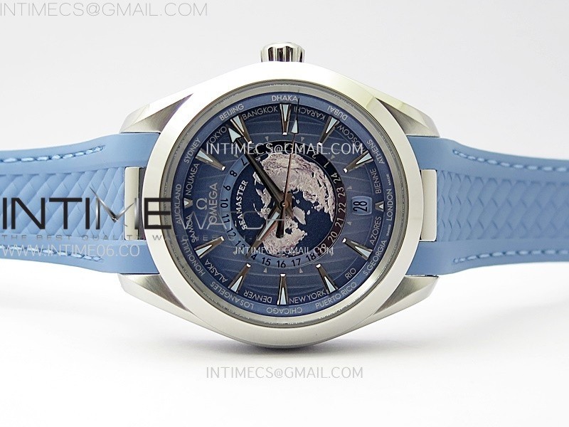 AQUA TERRA GMT WORLDTIMER 43MM VSF 11 BEST EDITION SUMMER BLUE DIAL ON BLUE RUBBER STRAP A8938 SUPER CLONE