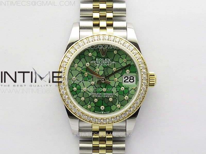 DateJust 31mm 278274 904L SSYG Crystals Bezel GMF Best Edition Green Flowers Crystals Dial on 904L SSYG Jubilee Bracelet A2824