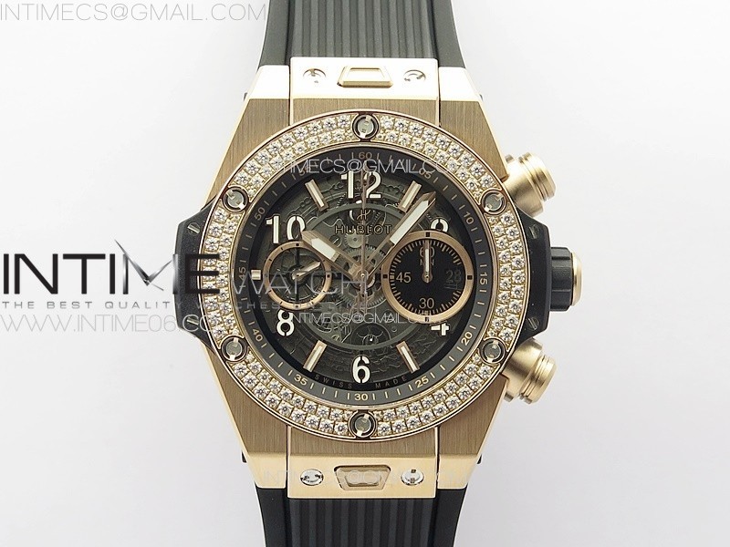 HUBLOT BIG BANG UNICO RG DIAMONDS BEZEL ZF 11 BEST EDITION SKELETON DIAL ON BLACK RUBBER STRAP A1280