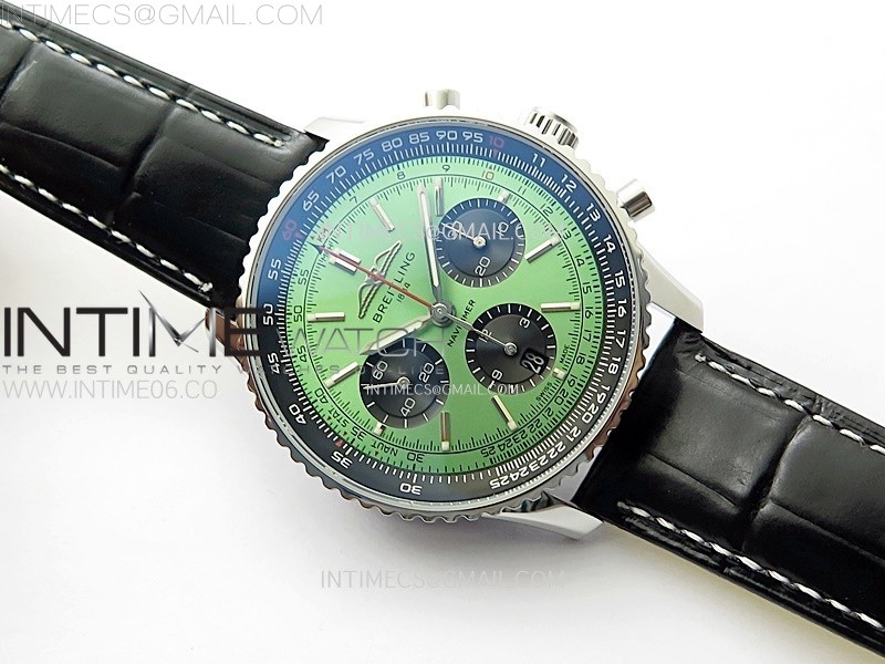 NAVITIMER B01 43MM SS B50 BEST EDITION GREEN DIAL BLACK SUBDIAL ON BLACK LEATHER STRAP A7750