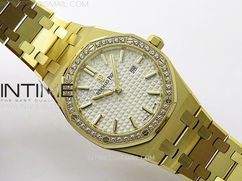 Lady Royal Oak 33mm 67651 Diamonds Bezel YG ZF 11 Best Edition White Textured Dial on YG Bracelet RONDA Quartz