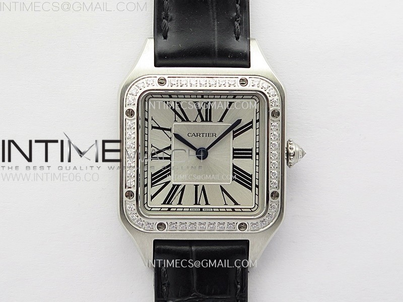 SANTOS DUMONT 38MM SSDIAMONDS BEZEL F1F BEST EDITION SILVER DIAL ON BLACK LEATHER STRAP QUARTZ