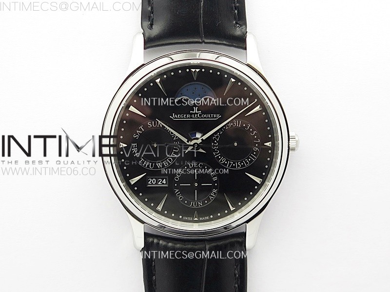 MASTER ULTRA THIN MOON 1368420 SS ZF 11 BEST EDITION BLACK DIAL ON BLACK LEATHER STRAP V3 SA925 SUPER CLONE