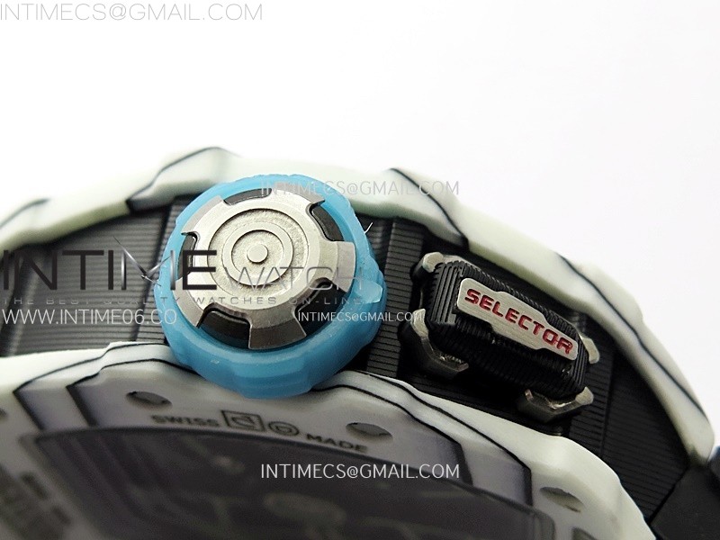 RM035-03 White CarbonBlue Crown Z Factory Skeleton Dial on Black Rubber Strap Asian Skeleton movement