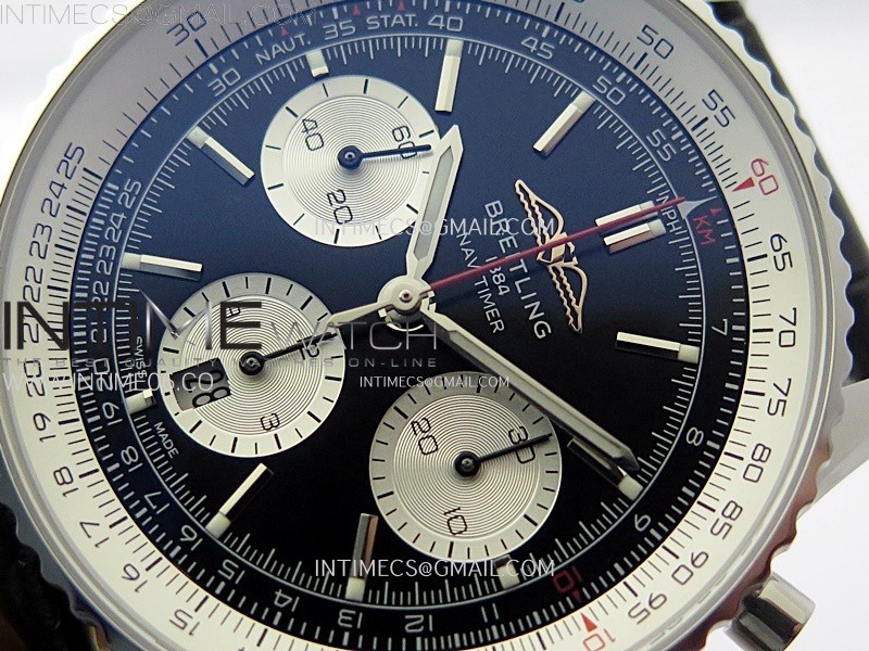 NAVITIMER B01 43MM SS BLSF 11 BEST EDITION BLACK DIAL SILVER SUBDIALS ON BLACK LEATHER STRAP A7750