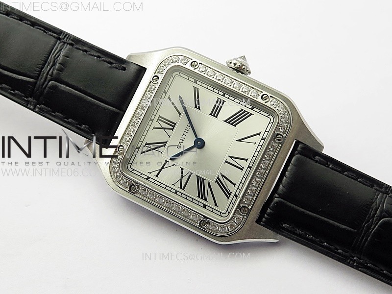 SANTOS DUMONT 43.5MM SSDIAMONDS BEZEL F1F BEST EDITION SILVER DIAL ON BLACK LEATHER STRAP QUARTZ