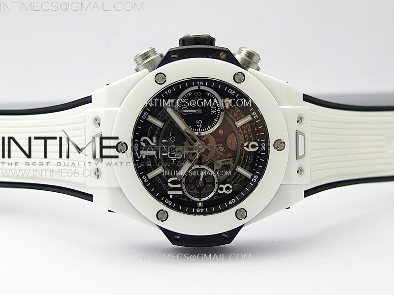 HUBLOT BIG BANG UNICO 42MM REAL WHITE CERAMIC BBF 11 BEST EDITION BLACK SKELETON DIAL ON WHITE RUBBER STRAP A1280