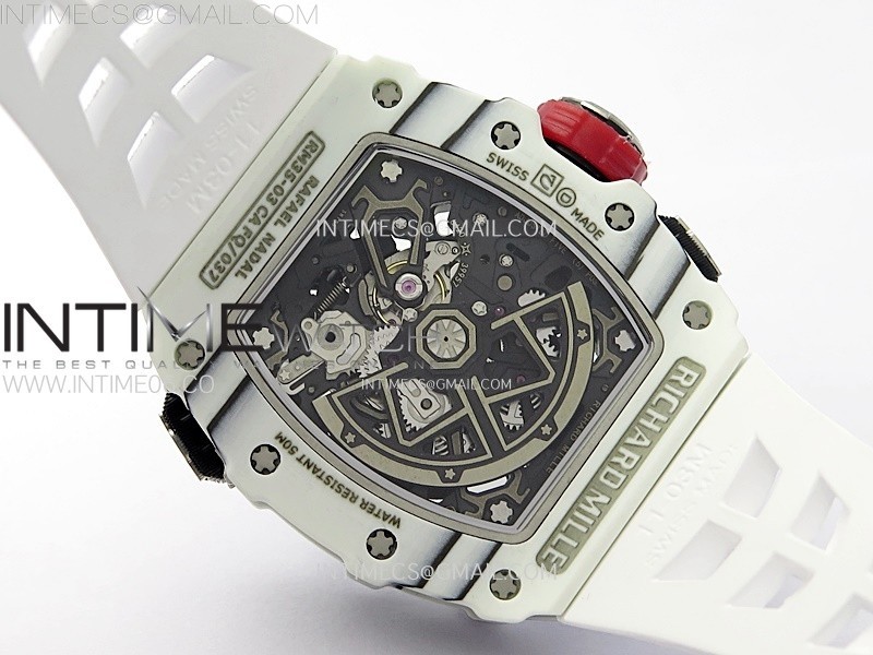 RM035-03 White CarbonRed Crown Z Factory Skeleton Dial on White Rubber Strap Asian Skeleton movement