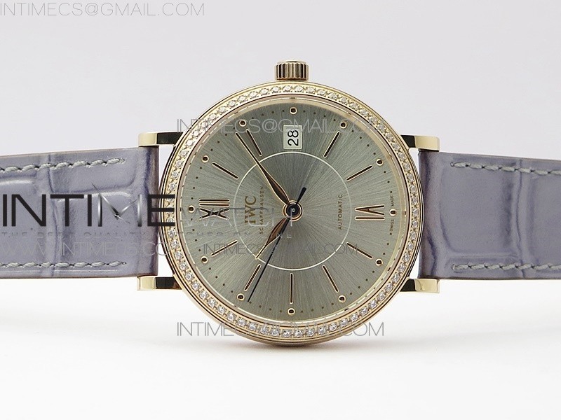 PORTOFINO 37MM RG DIAMONDS BEZEL V7F 11 BEST EDITION SILVER DIAL ON GRAY LEATHER STRAP A2892