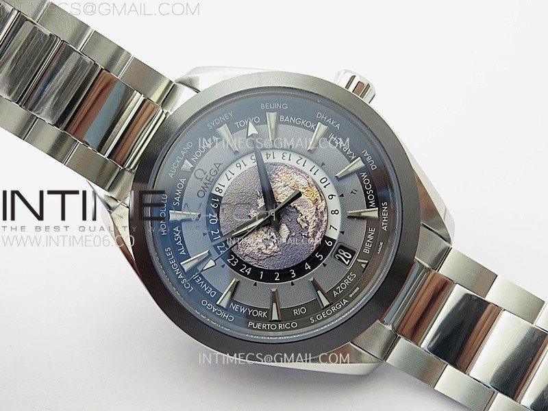 AQUA TERRA 150M 43MM 24 BLACK CERAMIC BEZEL N1F 11 BEST EDITION GRAY DIAL ON SS BRACELET A8938 (FREE RUBBER STRAPS)