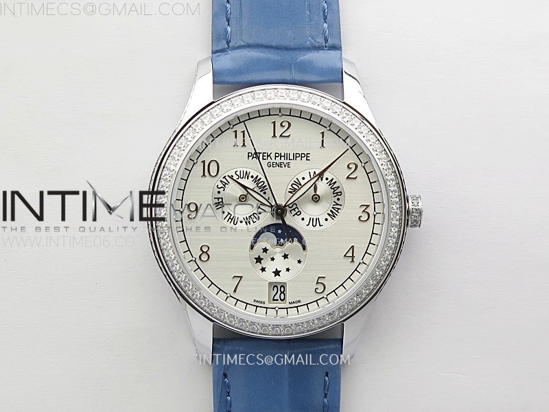 ANNUAL CALENDAR 4947G SSDIAMONDS BEZEL N1F BEST EDITION WHITE DIAL ON BLUE LEATHER STRAP A324