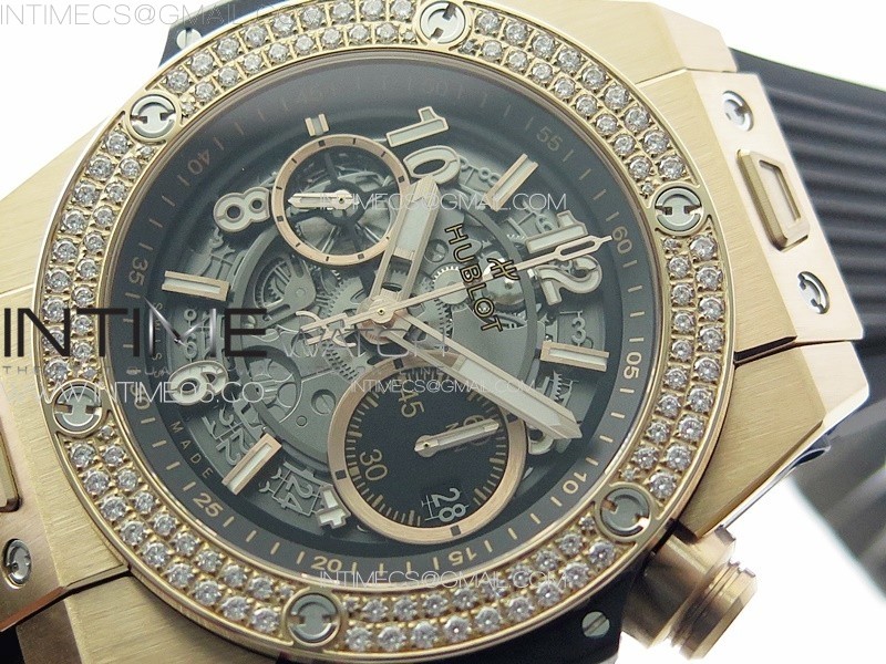 HUBLOT BIG BANG UNICO RG DIAMONDS BEZEL ZF 11 BEST EDITION SKELETON DIAL ON BLACK RUBBER STRAP A1280