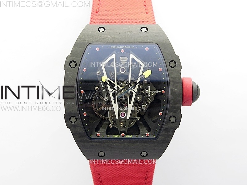 RM027-03 Real Tourbillon Black Carbon BBR Best Edition Skeleton Dial on Red Nylon Strap