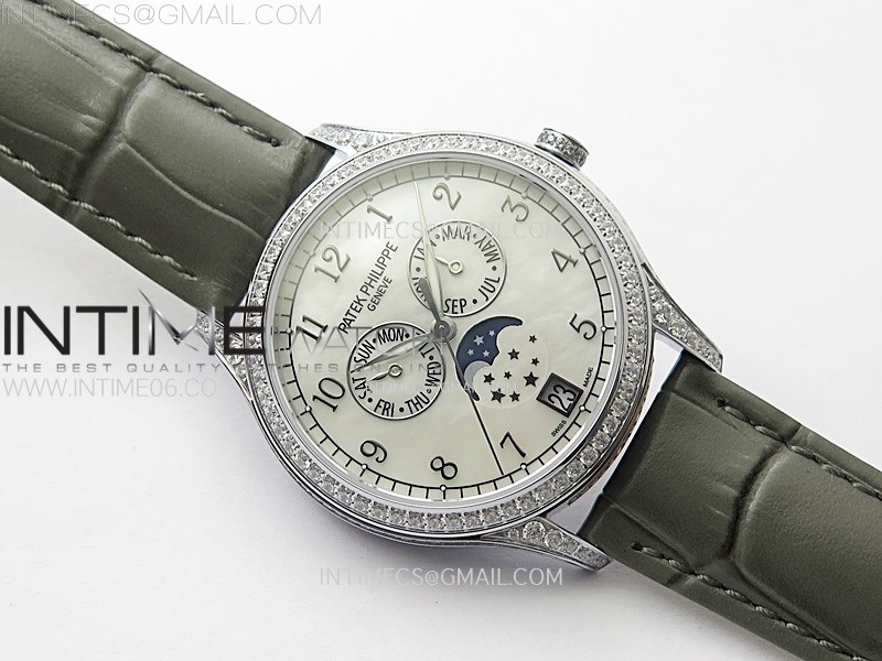 ANNUAL CALENDAR 4947G FULL PAVED DIAMONDS N1F BEST EDITION WHITE MOP DIAL ON GREEN LEATHER STRAP A324