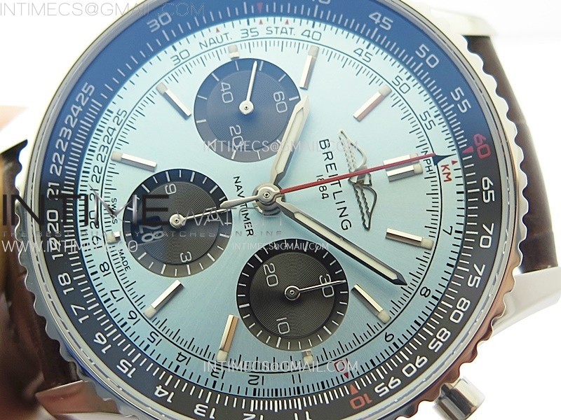 NAVITIMER B01 43MM SS B50 BEST EDITION ICE BLUE DIAL BLACK SUBDIAL ON BROWN LEATHER STRAP A7750