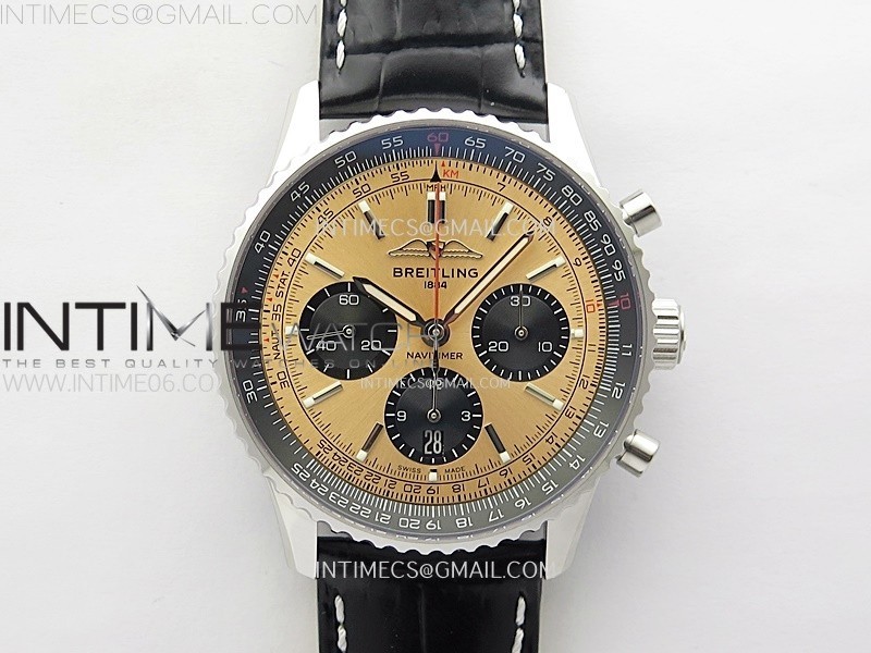 NAVITIMER B01 43MM SS BLSF 11 BEST EDITION RG DIAL BLACK SUBDIAL ON BLACK LEATHER STRAP A7750