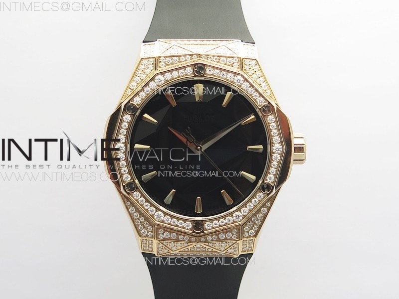 CLASSIC FUSION ORLINSKI SS FULL REAL DIAMONDS RG B50F 11 BEST EDITION BLACK FACETED DIAL ON BLACK RUBBER STRAP A2892