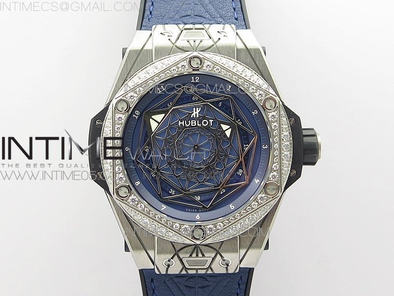 Big Bang Sang Bleu Ti Crystal Bezel WWF 11 Best Edition Blue Skeletonal Dial On Blue Gummy Strap Asian HB1213 V2