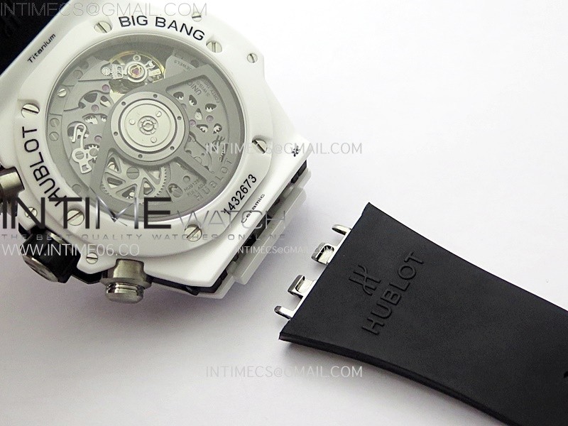 HUBLOT BIG BANG UNICO 42MM REAL WHITE CERAMIC BBF 11 BEST EDITION BLACK SKELETON DIAL ON WHITE RUBBER STRAP A1280