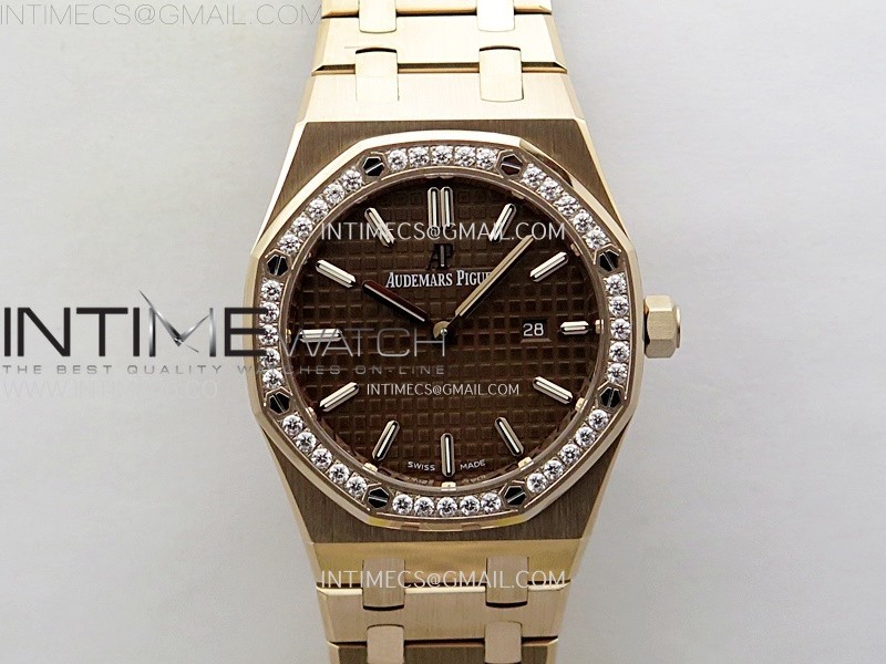 Lady Royal Oak 33mm 67651 Diamonds Bezel RG ZF 11 Best Edition Brown Textured Dial on RG Bracelet RONDA Quartz