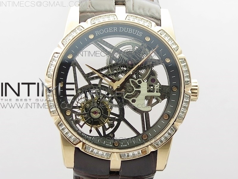 Excalibur Rddbex0393 RG Crystals Bezel BBR Best Edition Skeleton Dial on Brown Leather Strap A2136 Tourbillon V4