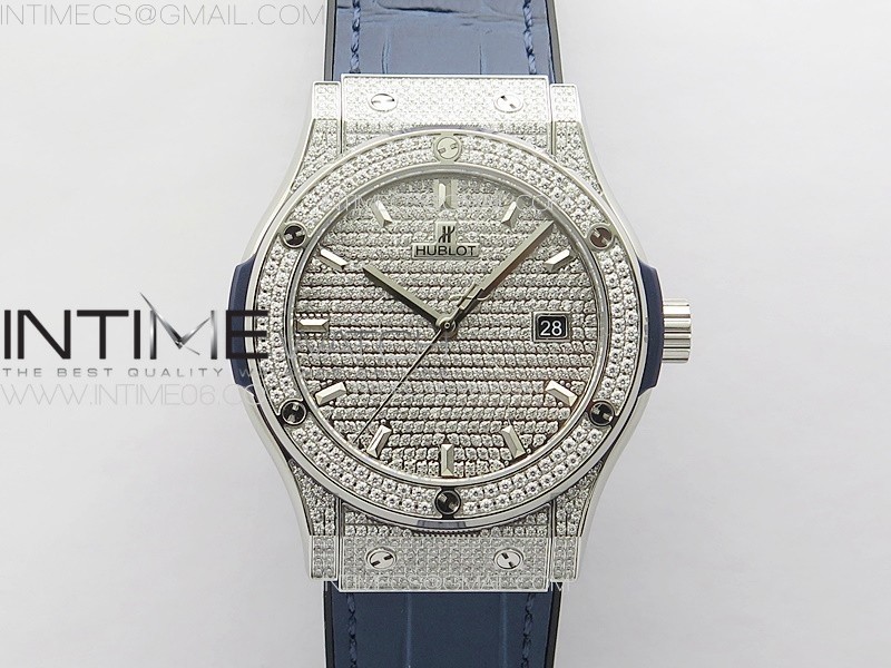 CLASSIC FUSION 42MM SS PAVED DIAMONDS CASE AND BEZEL B50F PAVED DIAMONDS DIAL ON BLUE GUMMY STRAP A2892