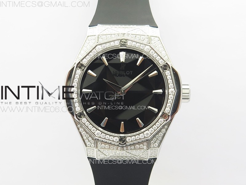 CLASSIC FUSION ORLINSKI SS FULL REAL DIAMONDS B50F 11 BEST EDITION BLACK FACETED DIAL ON BLACK RUBBER STRAP A2892