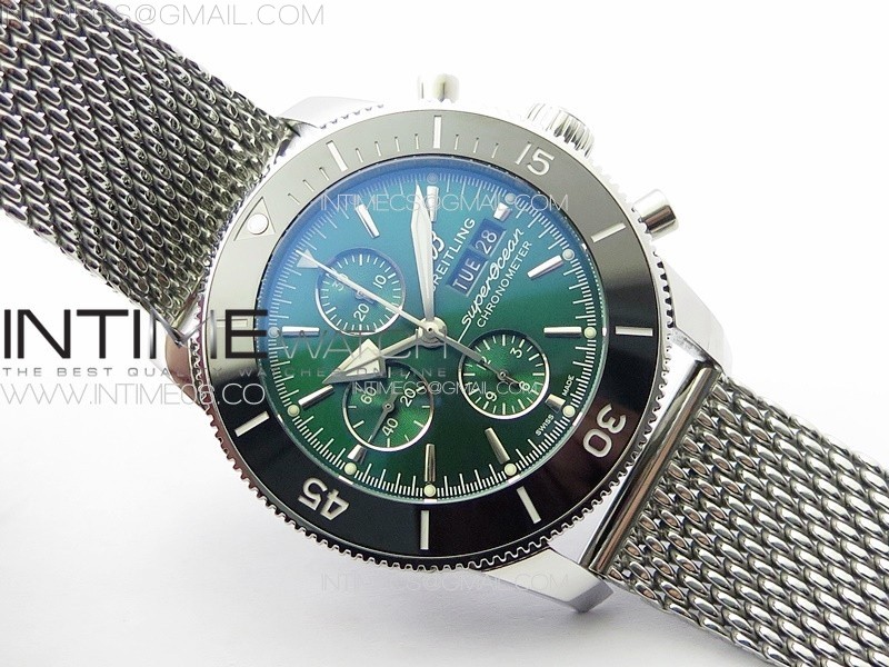 SUPEROCEAN 46MM BLACK CERAMIC BEZEL B50 BEST EDITION GREEN DIAL GREEN SUBDIALS ON SS BRACELET A7750